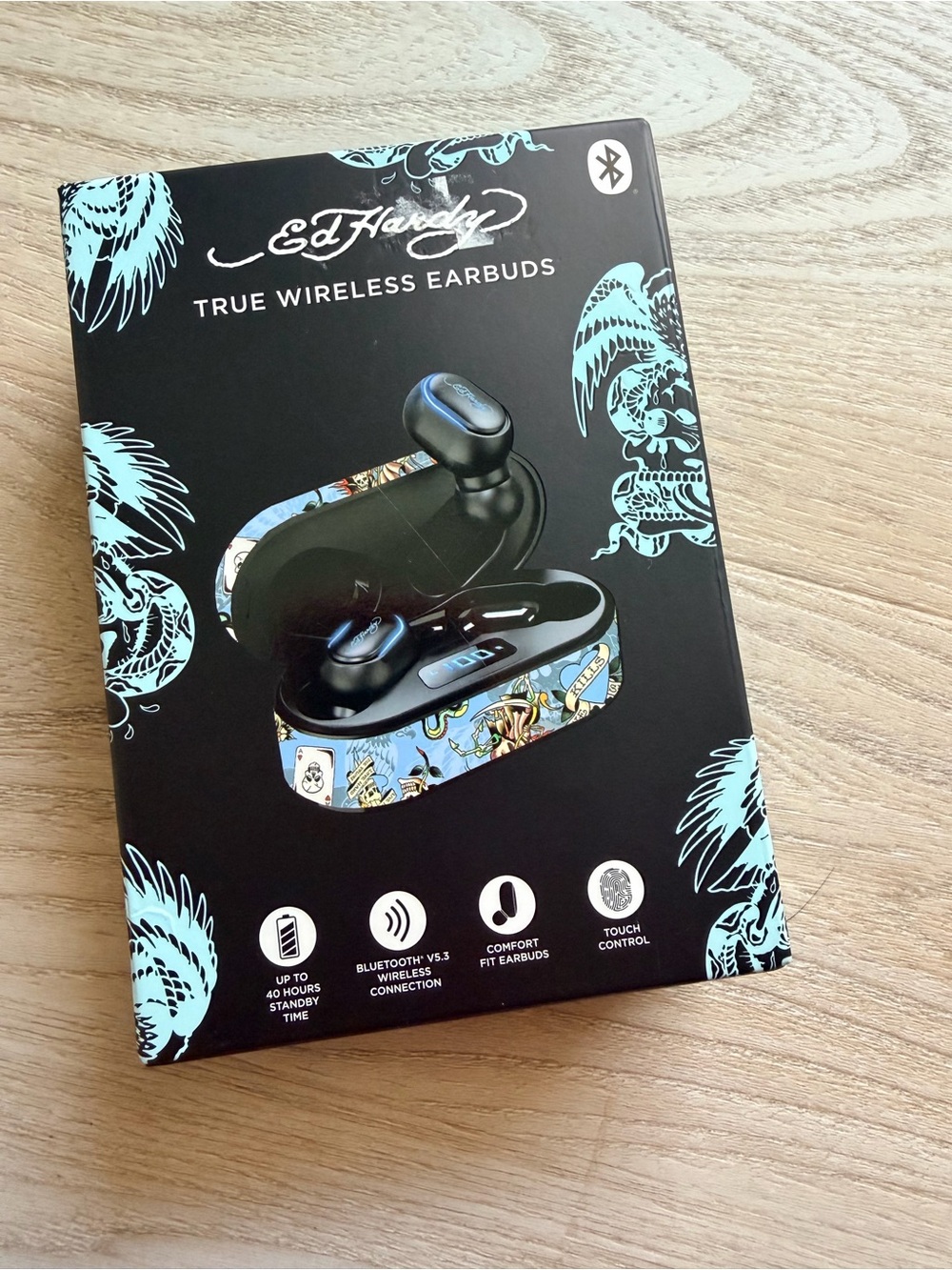 Ed Hardy True Wireless Earbuds - Black with Light Blue Patterned Case